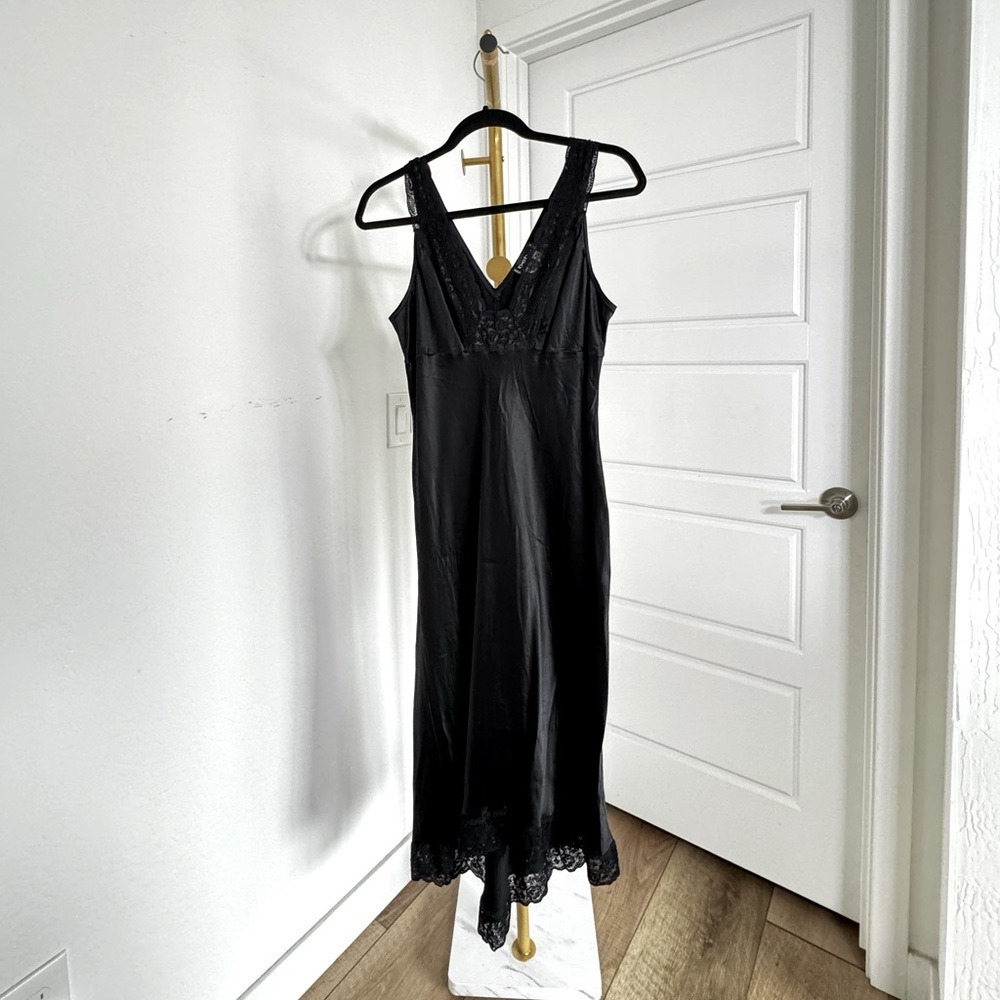 Y2K Vintage Black Satin Slip V Neck Dress Lace Trim L Whimsigoth Fairy Grunge